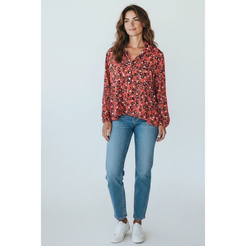 Calme Johnny Was 100% Cotton Floral Print Blouse Size XS Coral Pink
